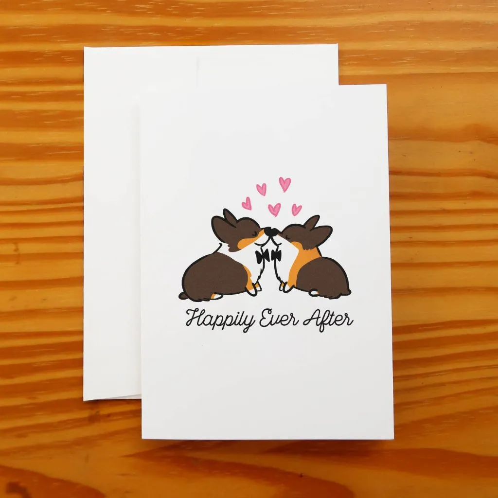 "Happily Ever After" Corgi Wedding Greeting Card | 2 Grooms