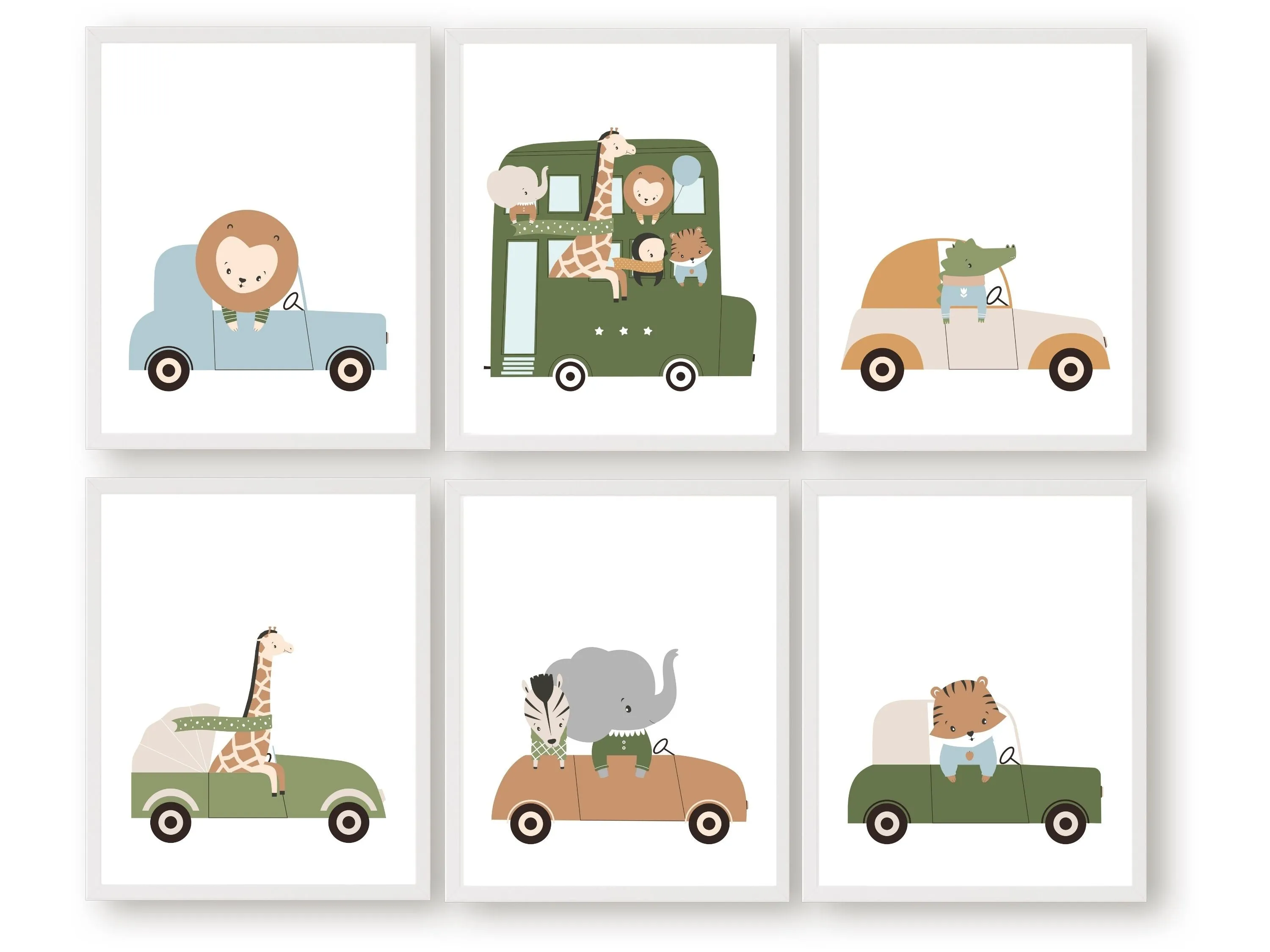 Safari Animal's Driving Cars Print Set of 6