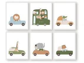 Safari Animal's Driving Cars Print Set of 6