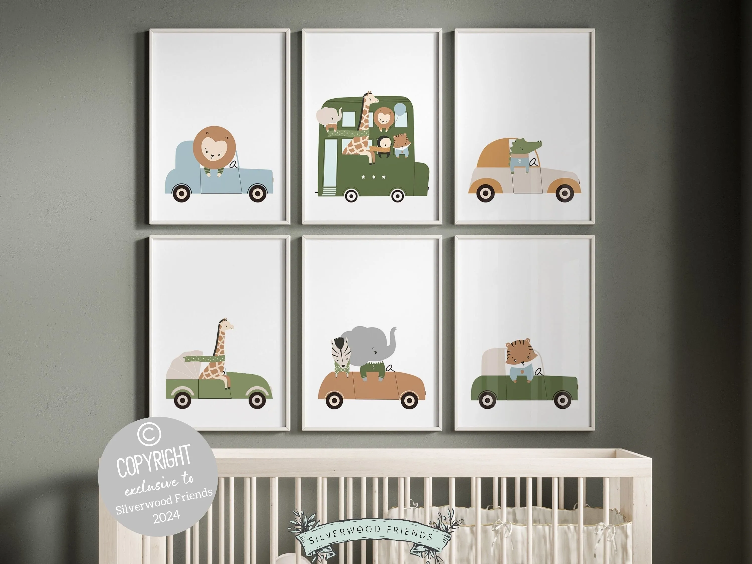 Safari Animal's Driving Cars Print Set of 6