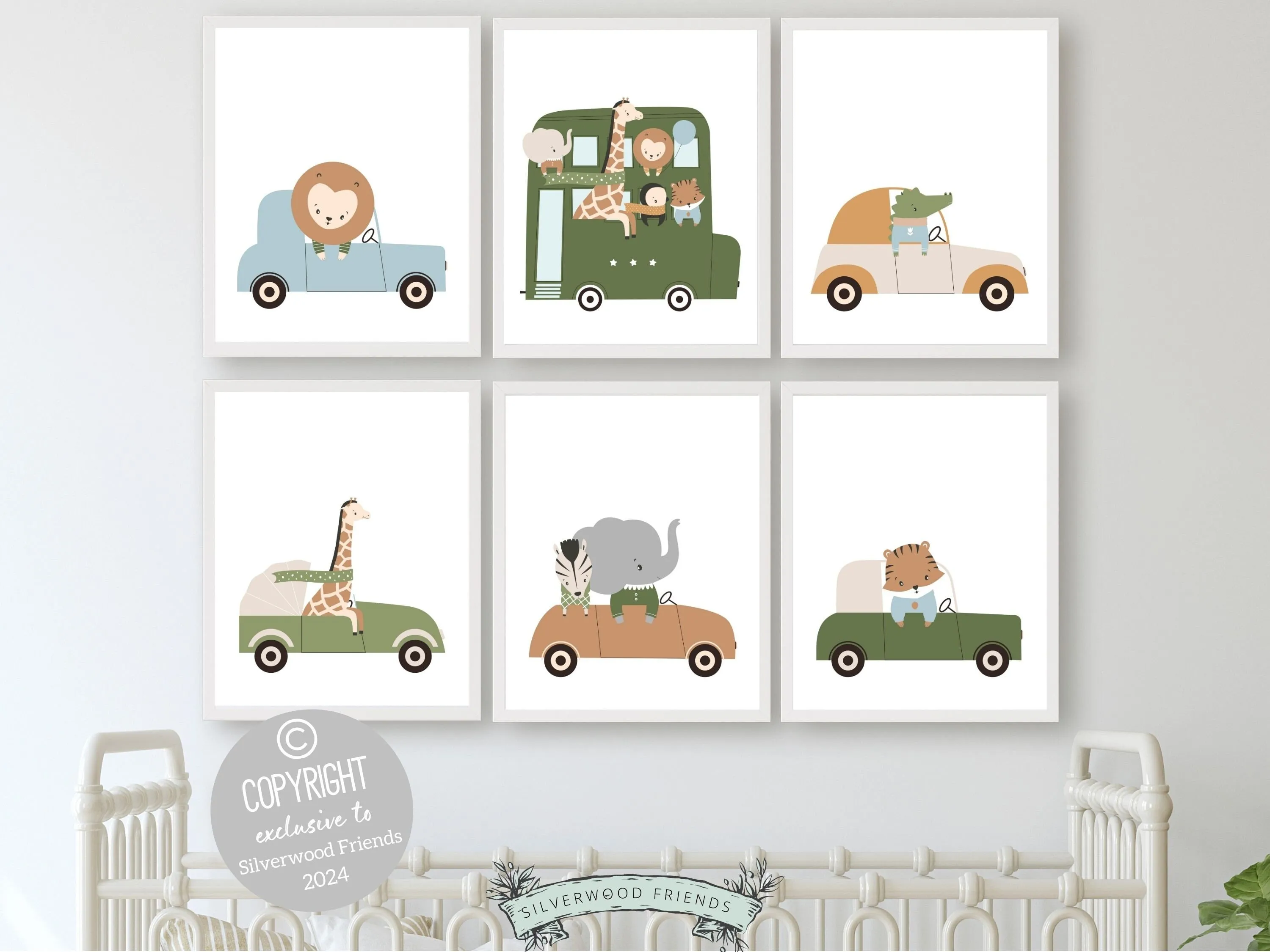 Safari Animal's Driving Cars Print Set of 6