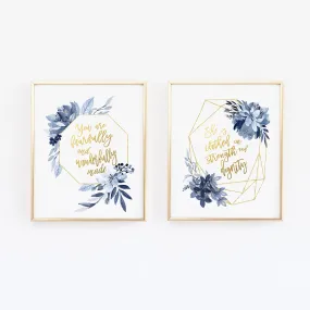 She is Clothed in Dignity - You are fearfully Baby girl Nursery wall prints Navy and Gold