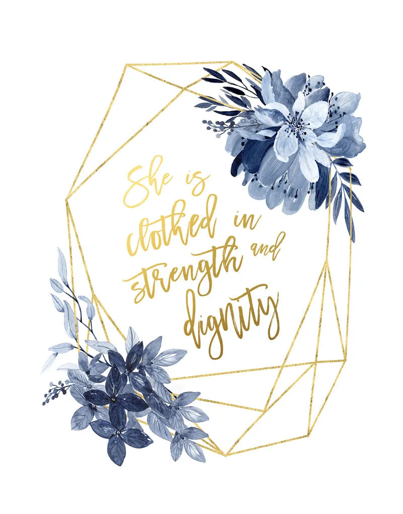 She is Clothed in Dignity - You are fearfully Baby girl Nursery wall prints Navy and Gold