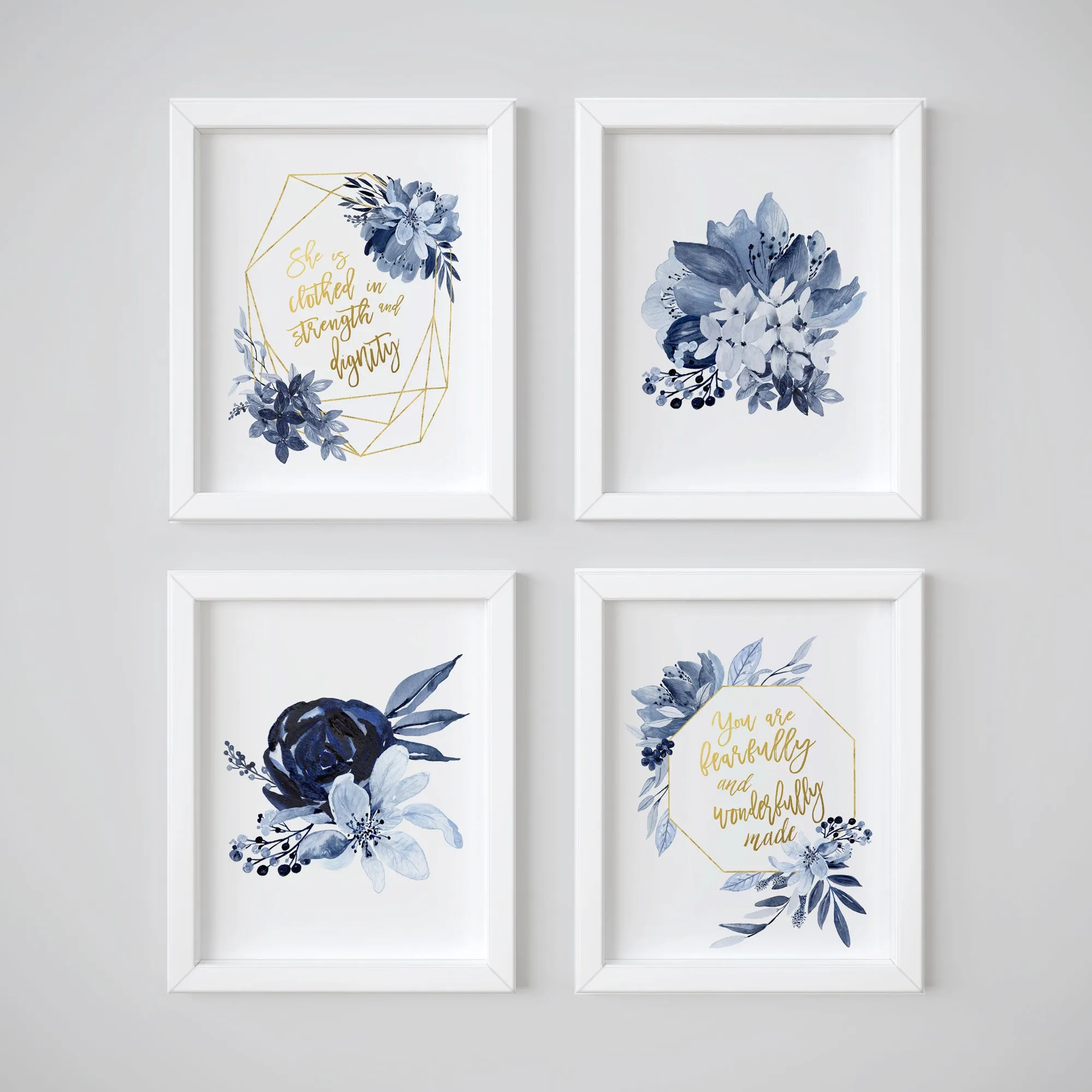 She is clothed / Wonderfully made Baby girl nursery wall prints in navy and gold