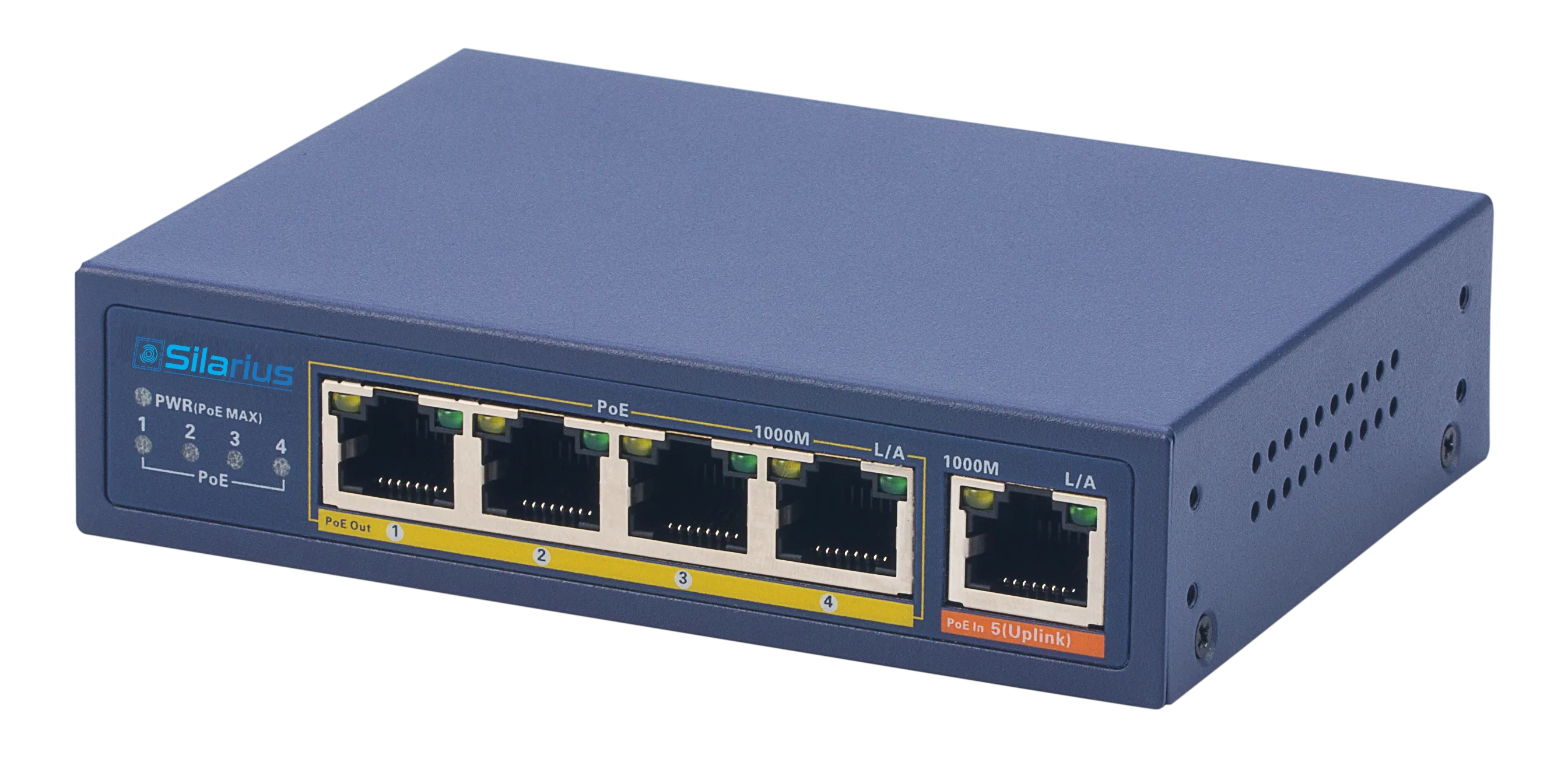 Silarius SIL-SWPP4P65 PoE Powered 5-Port Gigabit Switch with PoE Passthrough, 65W Power Budget for Powering up to 4 PoE Network Devices via Cat5e/Cat6 RJ45 Network Cables - 30W per output port