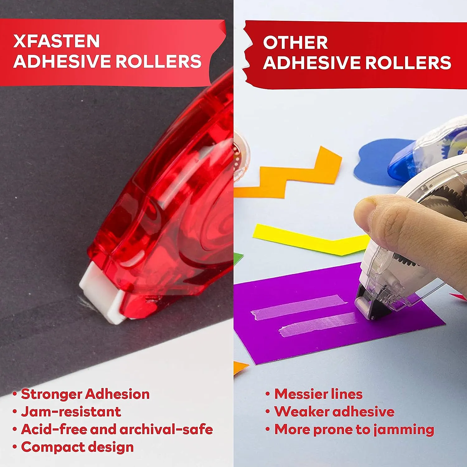 XFasten Double Sided Adhesive Roller | Multicolor | 0.3 Inch x 360 Inches | Clear | 8-Pack