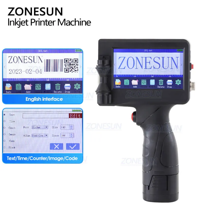 ZONESUN ZS-HIP127 Handheld Intelligent Barcode QR Code Inkjet Coder Printer Coding Machine For Food Bags Yogurt Boxes Plastic Bottles